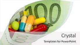  Presentation with pharmaceutical tablets - Beautiful slide deck featuring euro banknote symbolic photo cost backdrop and a light gray colored foreground