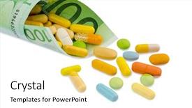  Presentation with pharmaceutical tablets - Cool new theme with euro banknote symbolic photo cost backdrop and a white colored foreground