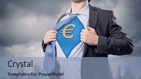  Presentation with superhero - Colorful slide set enhanced with euro sign on chest backdrop and a light blue colored foreground