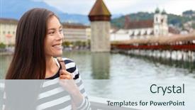  Presentation with sad woman walking - PPT theme having europe china - woman walking in city background and a sky blue colored foreground