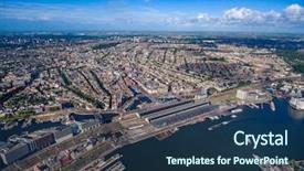 Presentation with amsterdam - Slide deck featuring europe cities - city aerial view over amsterdam background and a ocean colored foreground