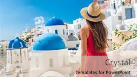  Presentation with holiday blue and silver - Slides having europe-holiday-santorini-vacation-girl background and a lemonade colored foreground