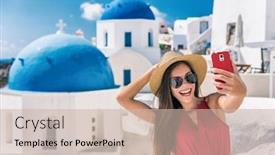  Presentation with luxury travel - Beautiful presentation theme featuring europe-luxury-travel-destination-santorini backdrop and a soft green colored foreground