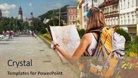  Presentation with jakarta city - Amazing PPT layouts having europe map - pretty traveler woman with backpack backdrop and a coral colored foreground