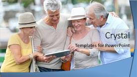  Presentation with tablets wood table tablet white - Presentation design consisting of europe map - senior tourists using tablet background and a coral colored foreground