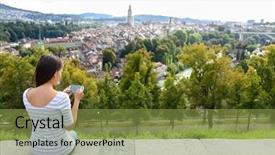  Presentation with tourist - Theme consisting of europe travel - tourist with smart phone camera background and a gold colored foreground