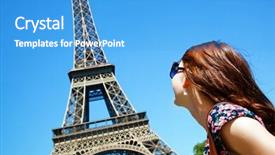  Presentation with eiffel tower paris france - Theme featuring europe travel - young attractive happy woman looking background and a teal colored foreground