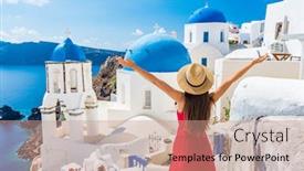  Presentation with holiday destination - Presentation with europe-travel-happy-vacation-woman background and a coral colored foreground