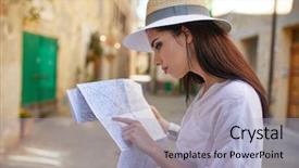  Presentation with travel and tourism - PPT theme having europe woman tourist with map background and a light blue colored foreground