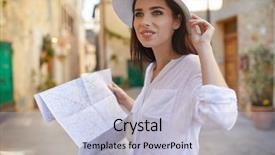  Presentation with europe - Slide deck having europe woman tourist with map background and a light blue colored foreground