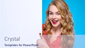  Presentation with white sheet - PPT theme enhanced with european-cheerful-woman-shows background and a sky blue colored foreground