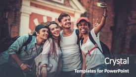  Presentation with tourists - Colorful slide set enhanced with european cities - multiracial friends tourists making selfie backdrop and a ocean colored foreground