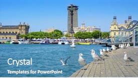  Presentation with columbus - Colorful presentation design enhanced with european colonization - panoramic view of the port backdrop and a teal colored foreground