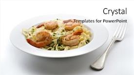  Presentation with white plate - PPT theme with european cuisine - plate of pasta with shrimps background and a white colored foreground
