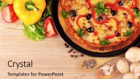  Presentation with pizza - Audience pleasing presentation theme consisting of european cuisine - tasty pizza on the plate backdrop and a coral colored foreground