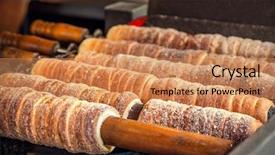  Presentation with bakery baking ingredients - Colorful PPT layouts enhanced with european cuisine - trdelnik bakery on the street backdrop and a coral colored foreground