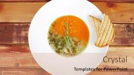  Presentation with components - Slides having european cuisine dual components vegetable soup with toasts over wood background and a coral colored foreground