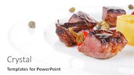  Presentation with sauces - PPT theme featuring european food roast beef meat goulash over round white plate isolated over white background with red hot pepper capers and sauces background and a white colored foreground