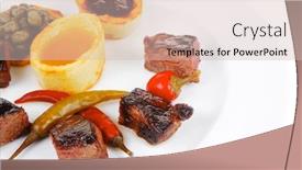  Presentation with sauces - Presentation with european food roast beef meat goulash over round white plate isolated over white background with red hot pepper capers and sauces background and a soft green colored foreground