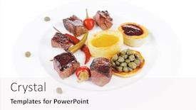  Presentation with roast beef - Presentation having european food roast beef meat goulash over round white plate isolated over white background with red hot pepper capers and sauces background and a white colored foreground