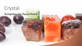  Presentation with meat food - Audience pleasing slides consisting of european food roast beef meat goulash over white plate isolated on white background with tomatoes and dill backdrop and a white colored foreground