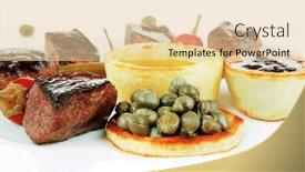  Presentation with sauces - Colorful slide deck enhanced with european food roast beef meat goulash over white plate isolated on white background with hot pepper capers and sauces backdrop and a lemonade colored foreground