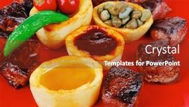  Presentation with food bbq - Slide set having european food roast beef meat goulash over red plate isolated on white background with tomatoes and dill and bbq sauce background and a tawny brown colored foreground