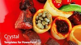  Presentation with food bbq - Slide deck having european food roast beef meat goulash over red plate isolated on white background with tomatoes and dill and bbq sauce background and a crimson colored foreground