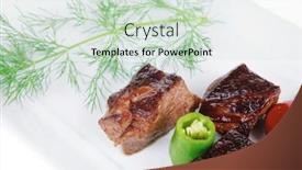  Presentation with meat food - PPT theme with european food roast beef meat goulash over white plate isolated on white background with vegetables background and a soft green colored foreground