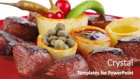  Presentation with food bbq - Presentation theme with european food roast beef meat over red plate isolated on white background with hot peppers capers olives oil and bbq sauce background and a tawny brown colored foreground