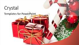  Presentation with holly - PPT theme consisting of european holly with candy cane and gift box background and a white colored foreground