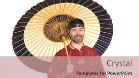 Presentation with bamboo paper - Colorful presentation theme enhanced with european in the traditional chinese dress holding an umbrella umbrella is made of bamboo and paper backdrop and a coral colored foreground