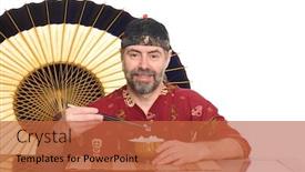  Presentation with chinese traditional - Presentation design consisting of european in traditional chinese attire eating rice from a wooden bowl background and a red colored foreground