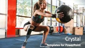  Presentation with gym ball - Amazing PPT theme having european invalid woman with prosthesis backdrop and a ocean colored foreground