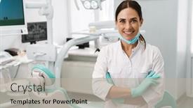  Presentation with dentist - Cool new slide deck with european-mid-dentist-woman-smiling backdrop and a light gray colored foreground
