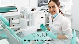  Presentation with dentist - Presentation design consisting of european-mid-dentist-woman-smiling background and a light blue colored foreground