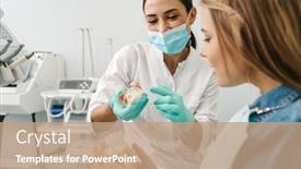  Presentation with dentist - Beautiful PPT layouts featuring european-mid-happy-dentist-woman backdrop and a coral colored foreground