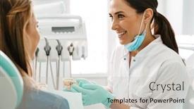  Presentation with dentist - Amazing slide set having european-mid-happy-dentist-woman backdrop and a soft green colored foreground