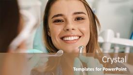  Presentation with medical - Slide deck featuring european-smiling-woman-sitting background and a coral colored foreground