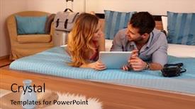  Presentation with young happy couple - Presentation featuring european travel - happy young couple lying background and a coral colored foreground