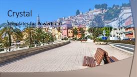  Presentation with gingerbread house decorated colorful candies - Slide set with european travel - promenade along streets and colorful background and a light blue colored foreground