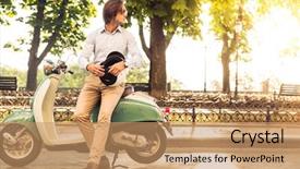  Presentation with standing on scooter - Presentation design featuring european travel - stylish man standing near his background and a  colored foreground