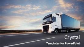  Presentation with cargo - Presentation theme consisting of european truck vehicle on motorway with dramatic sunset light cargo transportation and supply theme background and a dark gray colored foreground