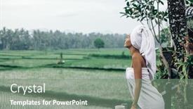  Presentation with tea fields - Colorful PPT theme enhanced with european woman drinking coffee or tea while relaxing on hotel terrace enjoying with a view to rice fields in the morning spending vacations on bali backdrop and a gray colored foreground