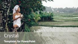  Presentation with tea fields - PPT layouts having european woman drinking coffee or tea while relaxing on hotel terrace enjoying with a view to rice fields in the morning spending vacations on bali background and a gray colored foreground