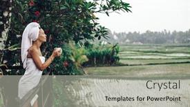  Presentation with tea fields - Audience pleasing slide deck consisting of european woman drinking coffee or tea while relaxing on hotel terrace enjoying with a view to rice fields in the morning spending vacations on bali backdrop and a light gray colored foreground