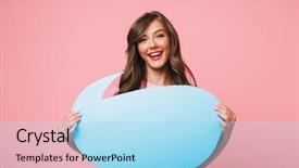  Presentation with pink blue - Audience pleasing presentation theme consisting of european woman holding blank blue backdrop and a light blue colored foreground