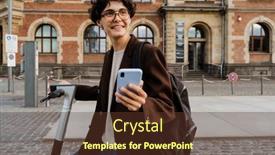  Presentation with electric scooter - PPT layouts with european-woman-using-cellphone background and a tawny brown colored foreground