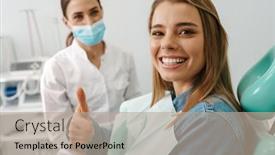  Presentation with clinic - Colorful PPT theme enhanced with european-young-woman-showing-thumb backdrop and a mint green colored foreground