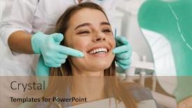  Presentation with mirror - Slide deck with european-young-woman-smiling background and a coral colored foreground